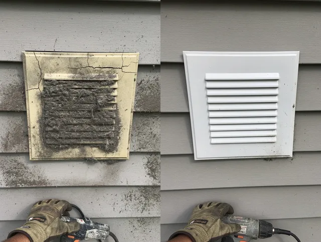 Boynton Beach Dryer Vent Cleaning technician installing high-quality dryer vent cover at a residential property in Boynton Beach